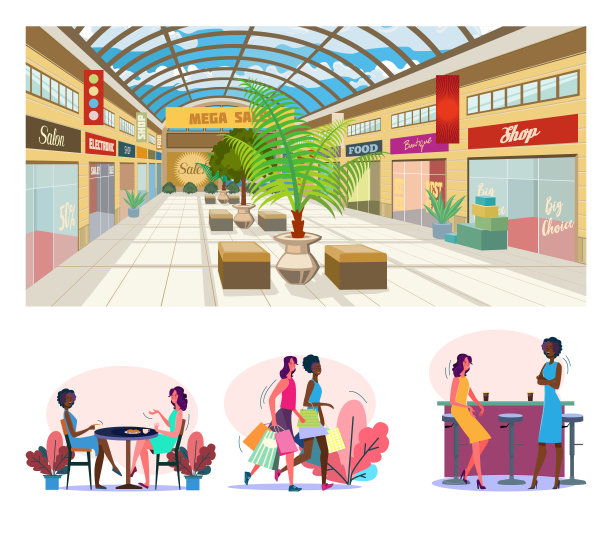 女性朋友购物平面矢量插图集图片下载