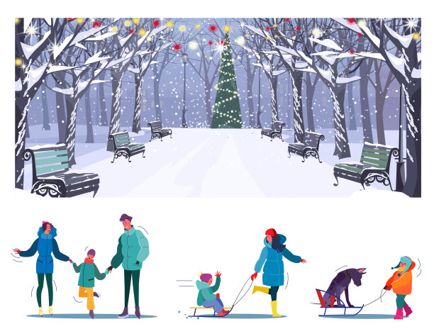 冬季活动公园平面矢量插图设置图片下载