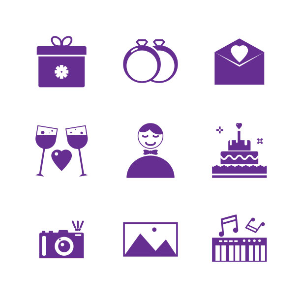 婚礼矢量固体图标设置在白色背景。图片下载