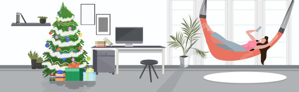 幸福的女人躺在吊床上女孩用智能手机放松在家里现代客厅内部全长横旗图片下载