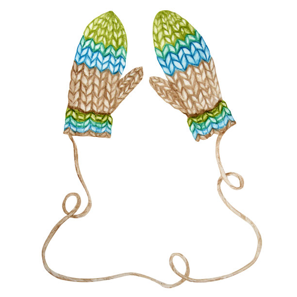 水彩手绘针织连指手套插图在蓝色，绿色，棕色颜色。温暖时尚的配件系列孤立的白色背景。羊毛针织手套冬季概念。图片下载