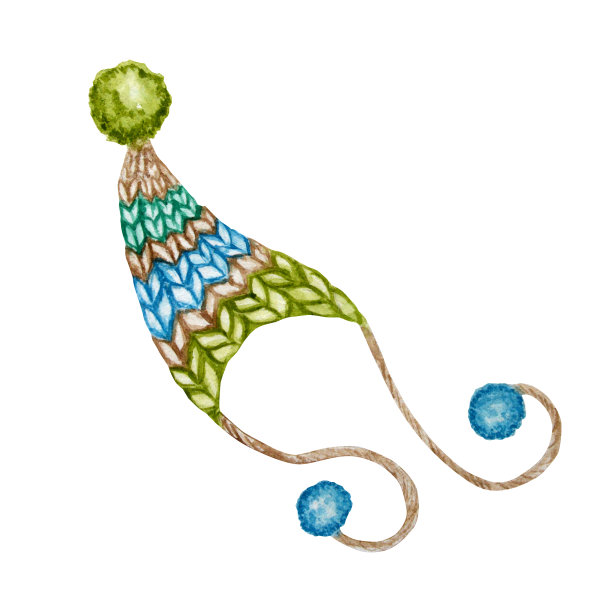 水彩手画冬装可爱帽子绒球。编织帽，蓝绿棕色。温暖时尚的配件系列孤立在白色。有一个大绒毛绒球的手绘羊毛帽子图片下载