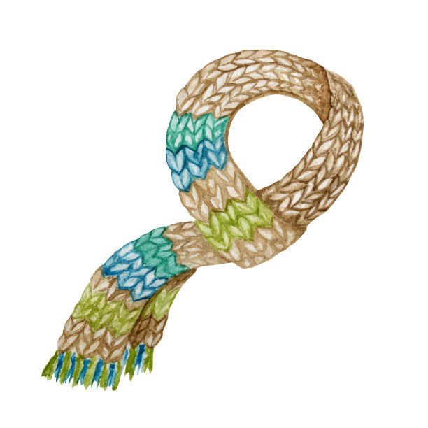 水彩手绘冬季可爱的衣服围巾。针织围巾，蓝绿棕色。温暖时尚的配件系列孤立的白色背景。手绘毛织元件图片下载