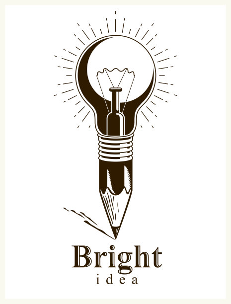 铅笔与创意灯泡结合成符号，创意能源设计艺术或科学发明或研究矢量标志或图标。图片下载