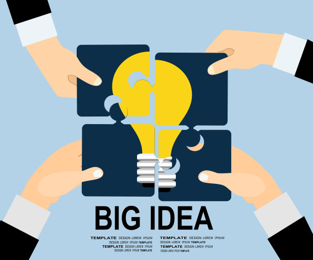 大创意的平面设计理念。平面设计的网站元素，网页模板，创意团队坐在桌子上，把拼图与灯泡图片，图片下载