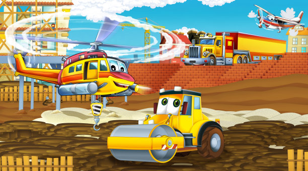 工业汽车在建筑工地的卡通场景图片下载