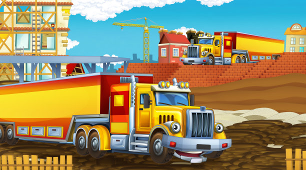工业汽车在建筑工地的卡通场景图片下载