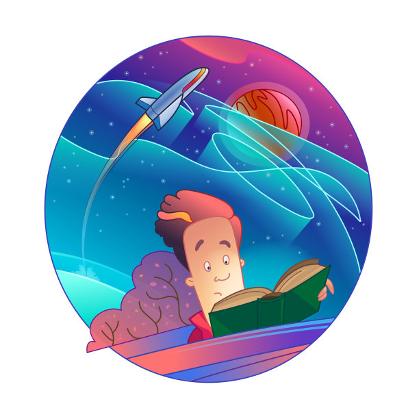 矢量插图。一个人读了一本书，想到了太空旅行图片下载