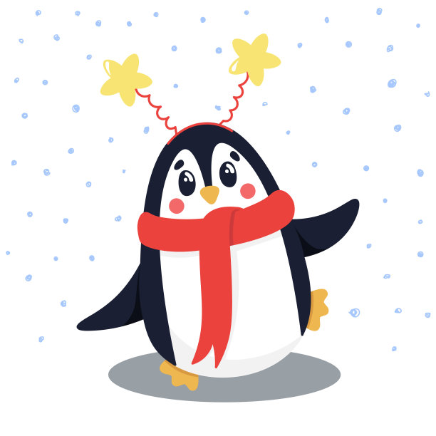 人物，企鹅吉祥物，雪。北极的野生动物，一只戴着围巾，带着星星的企鹅。图片下载