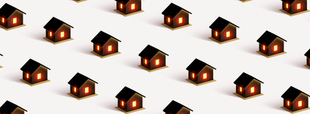 平房的模式，窗户上的灯是亮的。图片下载