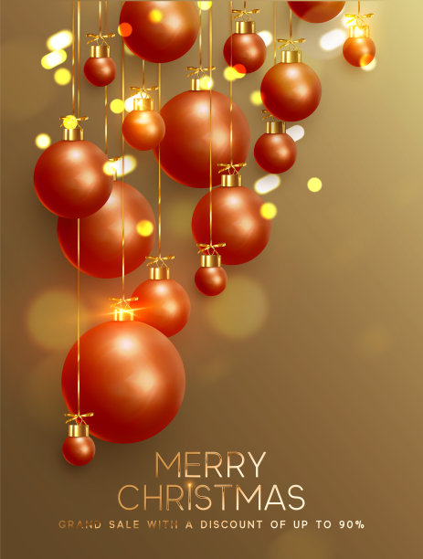 圣诞背景与红金球和闪闪发光的散景灯。节日的圣诞装饰品，挂在彩带上。图片下载