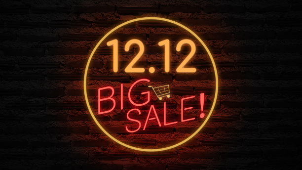 12.12大减价霓虹灯挂在墙上。销售横幅闪烁霓虹招牌风格图片下载