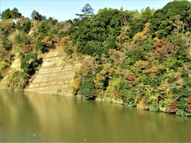 秋天在日本。千叶市博索半岛龟山湖的岩石海岸。图片下载
