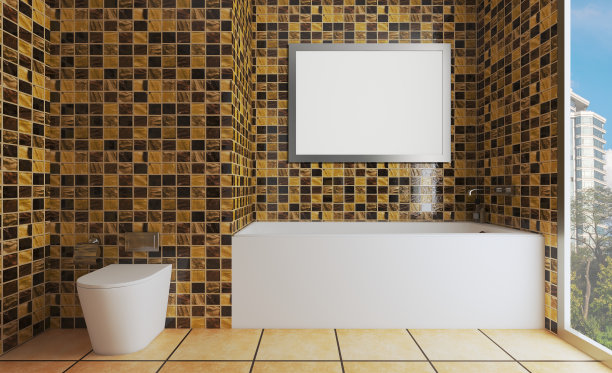 3 d渲染。大浴室，墙上贴有金色瓷砖。全景窗口与大都市的景色。浴室有玻璃门。图片下载