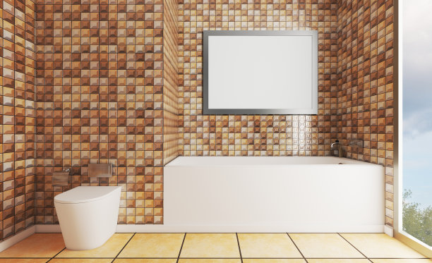 3 d渲染。墙上有棕色的马赛克图案。大浴室。全景窗口的背景大都市。浴室有玻璃门。带脸盆的橱柜家具。模型。空的绘画图片下载