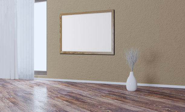室内空荡荡的，米黄色的墙壁和一扇大窗户。白枝装饰花瓶。天然木材制成的棕色镶木地板。空白的画。模型. .3 d渲染。图片下载