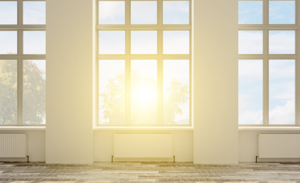 3D渲染，空的办公空间。开放空间。色彩鲜艳的墙壁。大全景窗户. .日落图片下载