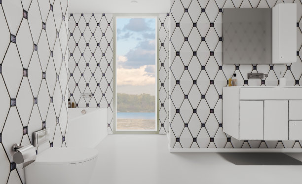 配有白色家具的大浴室。热水浴缸特写。浴室有玻璃门。Chrome的部分。三维渲染图片下载