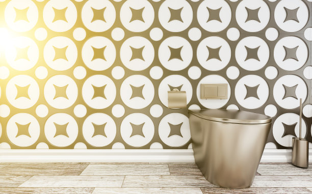 3 d渲染。明亮的浴室，墙上贴着金属瓷砖。青铜马桶和坐浴盆。木地板。日落图片下载