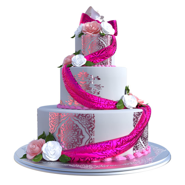 优雅的婚礼蛋糕与丝带和花孤立在白色，3d渲染。图片下载