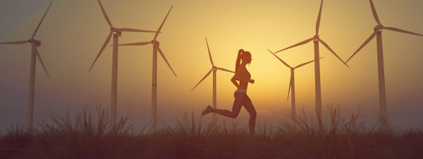 在涡轮机前的空地上奔跑的女人。这是一个3d渲染图。图片下载