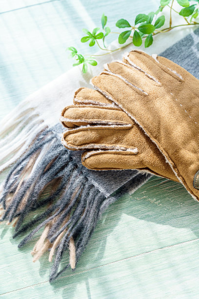 木制背景上的羊毛围巾和手套图片下载