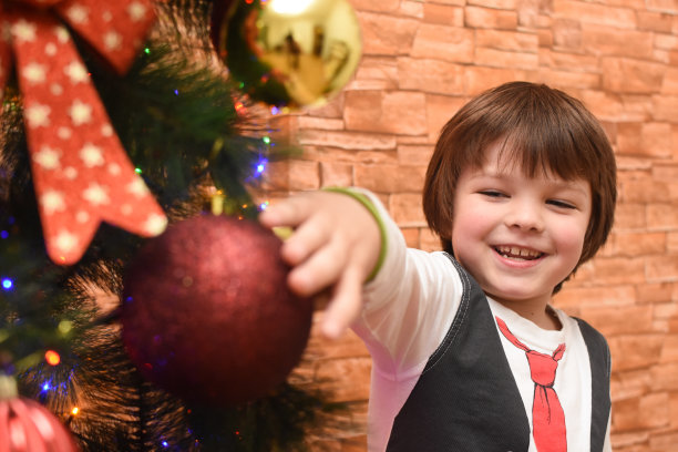 快乐男孩装饰圣诞树的肖像图片下载