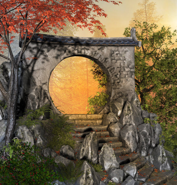 黎明时分的神秘古门图片下载