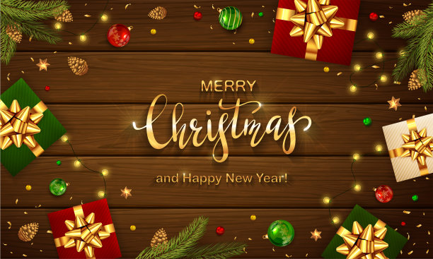 圣诞灯与球和礼物在木制的背景图片下载