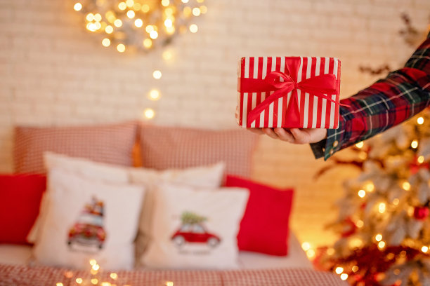 一个成年人手里拿着一个盒子，里面装着降临节的礼物。新年快乐，圣诞快乐图片下载