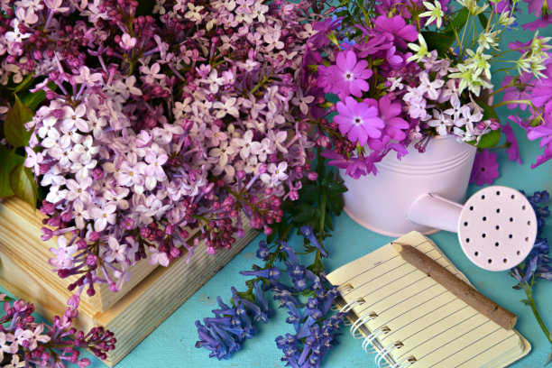 工作台上放着丁香花和春花，还有日记本和喷壶。图片下载