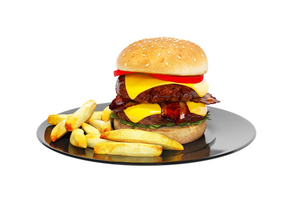 烤汉堡和土豆板上孤立的3d渲染在白色背景上没有阴影图片下载