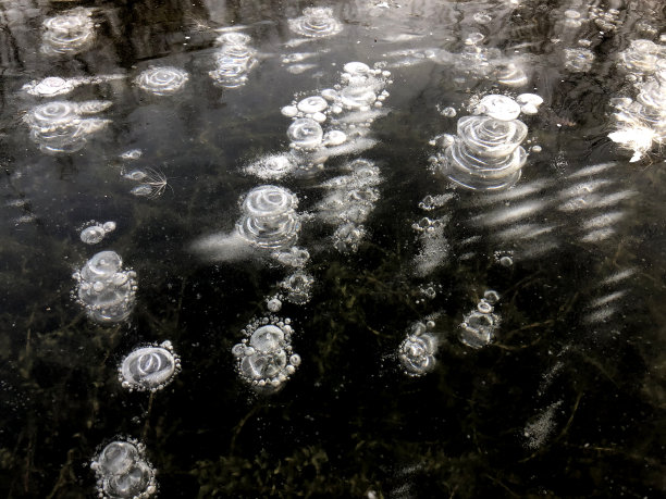 冰冻的湖水与气泡的形式，抽象的花朵，玫瑰和其他图案的冰。背景是绿藻和暗色的底部。画在冰上形成霜。设计图片下载
