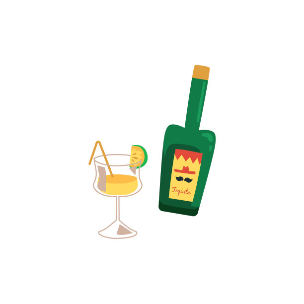 绿色的龙舌兰酒瓶和黄色的鸡尾酒杯图片下载