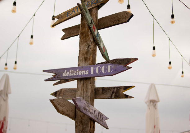 沙滩上一根木杆上的多个标志。用灯装饰。图片下载