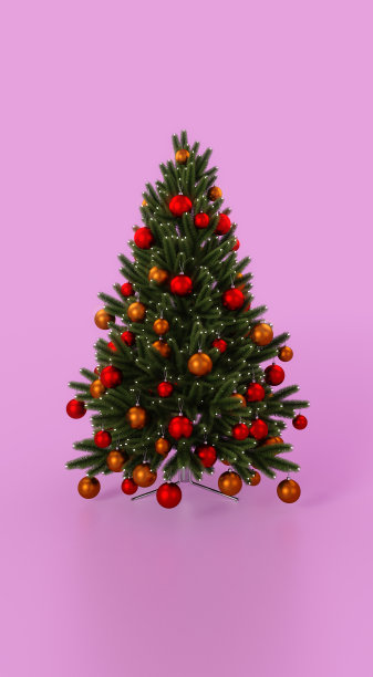 圣诞树与装饰在粉红色的背景3d渲染图片下载