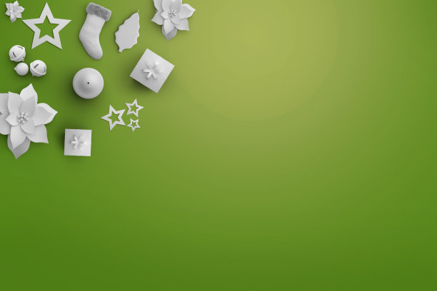圣诞主题和新年作文。圣诞礼物，木制绿色背景上的微型小物件。平铺，俯视图，拷贝空间。三维渲染图片下载