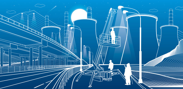 工人们为灯光服务。工业机械，起重机吊起人。higway照亮。背景是汽车立交桥和发电厂。基础设施城市建筑插图。矢量设计艺术图片下载