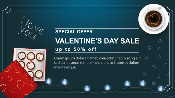 横幅促销特别优惠高达50%情人节快乐，有文字装饰设计的纸杯蛋糕盒和咖啡杯，心形俯视图蓝色背景图片下载