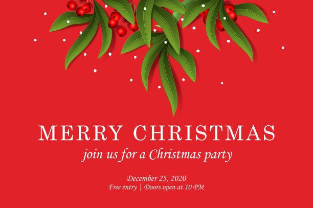 圣诞快乐。派对邀请模板与桉树叶和红浆果，矢量插图。图片下载