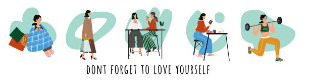 爱自己。矢量生活方式概念卡与文字不要忘记爱自己。给自己留点时间:去健身房、读书、放松、购物、喝咖啡。卡通彩色插图图片下载