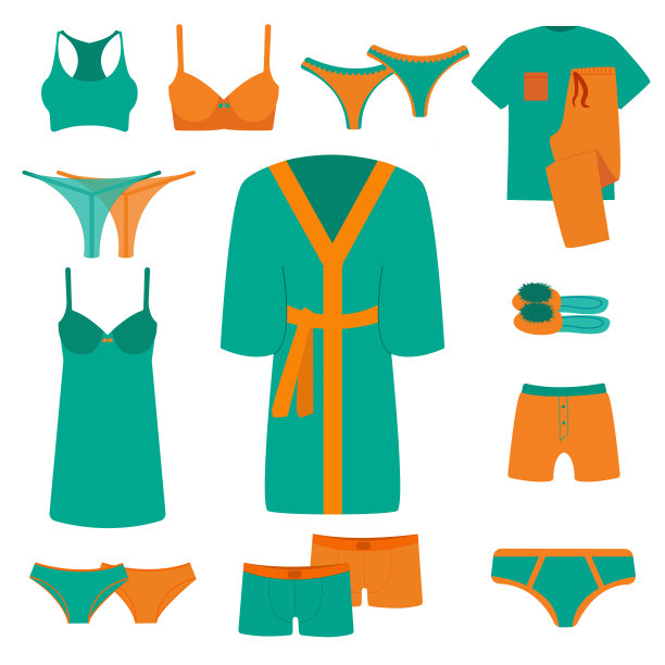 向量线图标内衣套装。设置带菌者卫生用品衣物、男女内裤、胸罩。家用纺织品。棉睡衣，浴衣，拖鞋图片下载