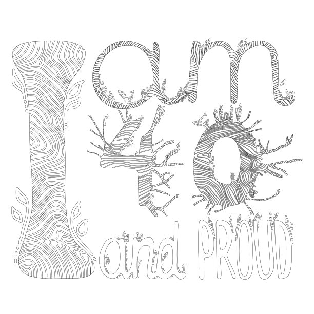 我是40和骄傲的矢量手绘插图。黑色轮廓图片，用于问候，生日卡，海报。在白色孤立的背景上色页。40岁的人。图片下载