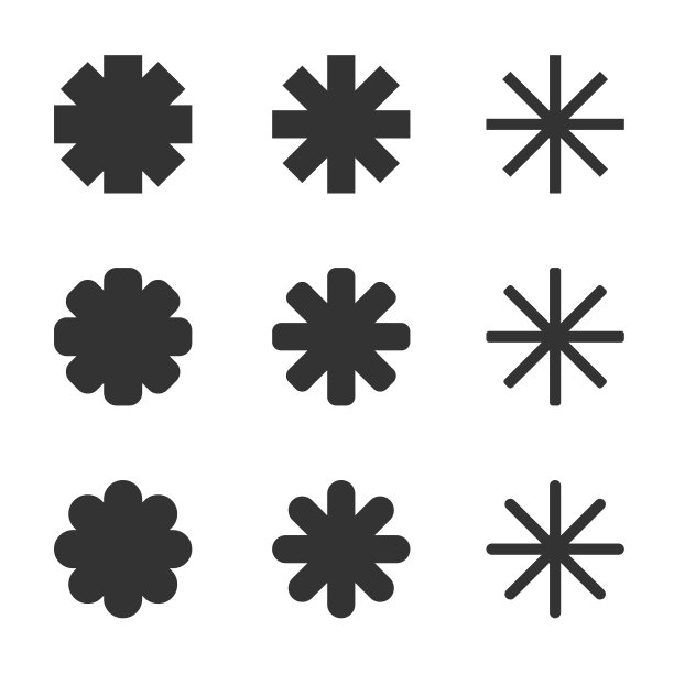 雪花、星星、花朵形状的图标集。装饰抽象圆光爆标志标志符号。冰、冬、冷纹理模板设计。矢量插图形象。孤立在白色背景上。图片下载