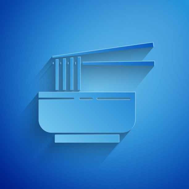 剪纸亚洲面条在碗和筷子图标孤立在蓝色背景。街头快餐。韩国菜，日本菜，中国菜。纸艺术风格。矢量图图片下载