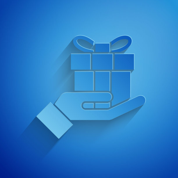 剪纸礼盒手图标孤立在蓝色背景。圣诞快乐，恭贺新禧。纸艺术风格。矢量图图片下载