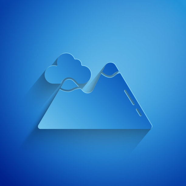 剪纸山图标孤立在蓝色背景。象征胜利或成功的概念。纸艺术风格。矢量图图片下载