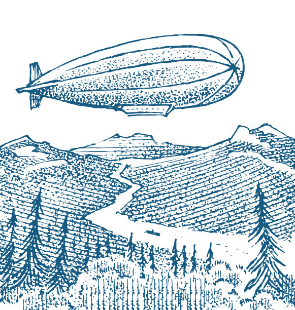老式的飞艇或齐柏林飞艇在草地的背景上。气球飞艇草图。乡村景观海报，明信片，横幅。手绘雕刻单色矢量插图图片下载