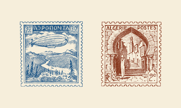 相册的老式邮票。古老的风景。复古的老草图。单色明信片贴纸。手绘雕刻复古标记，旅行标签。用于印刷横幅、海报和标志的装饰元素图片下载