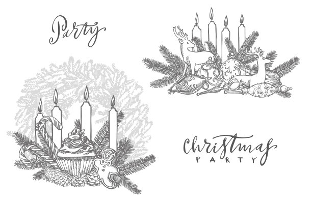 圣诞节。圣诞树和蜡烛的树枝。新年和圣诞节的设计元素。贺卡邀请与圣诞图形。的插图。图片下载